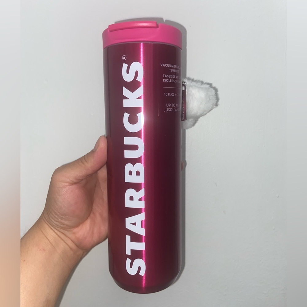 Starbucks Pink Tumbler with fuzz ball